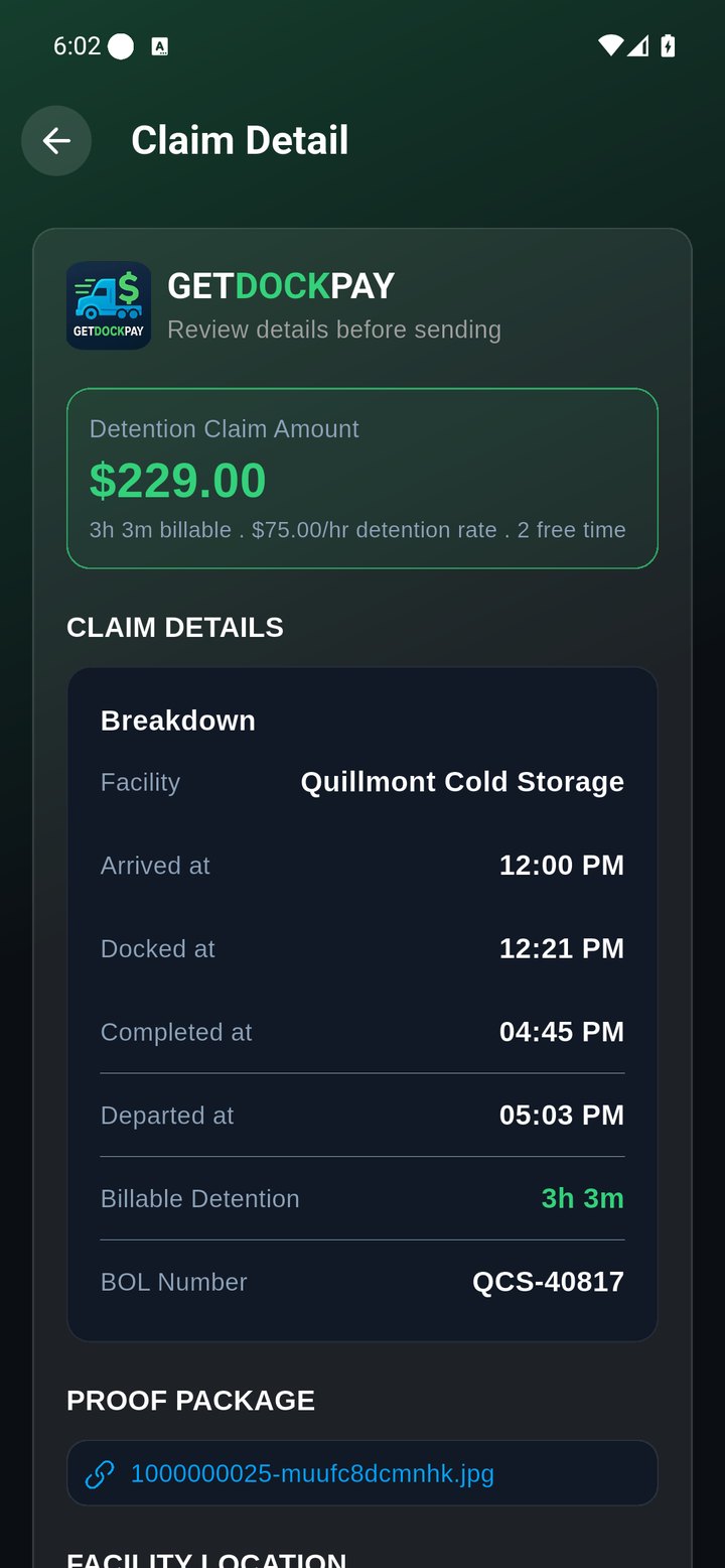 GetDockPay claim detail for one stop: $229.00 detention claim, 3h 3m billable at $75/hr with 2 hours free, with the arrival, dock, completed and departure times