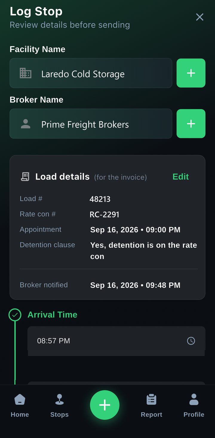 GetDockPay Log Stop screen with facility, broker, load number, rate con number, detention clause and broker-notified time